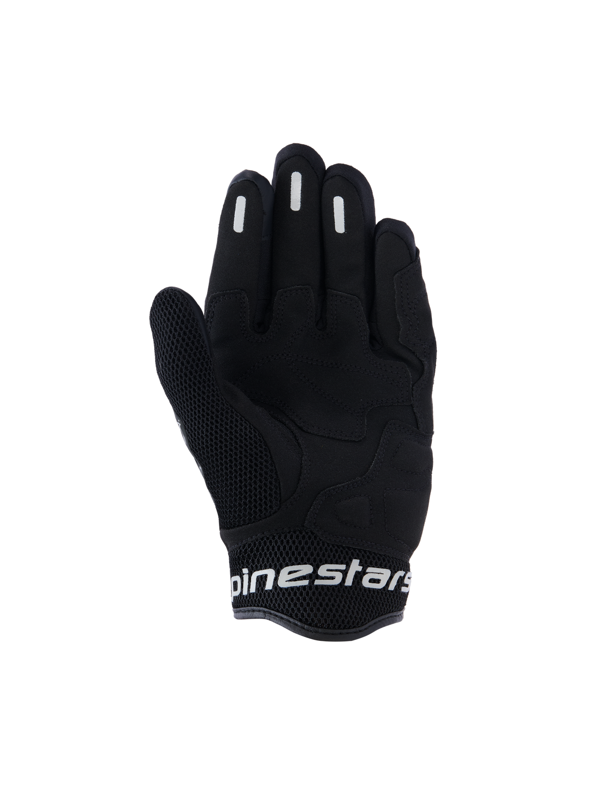 Alpinestars Stella Mogress Airflow handschoenen, stedelijke motorhandschoenen voor dames, zwart, binnenzijde met synthetische palmversterking, ademend 3D-mesh op de duim en manchet, en witte Alpinestars-branding op de korte manchet.