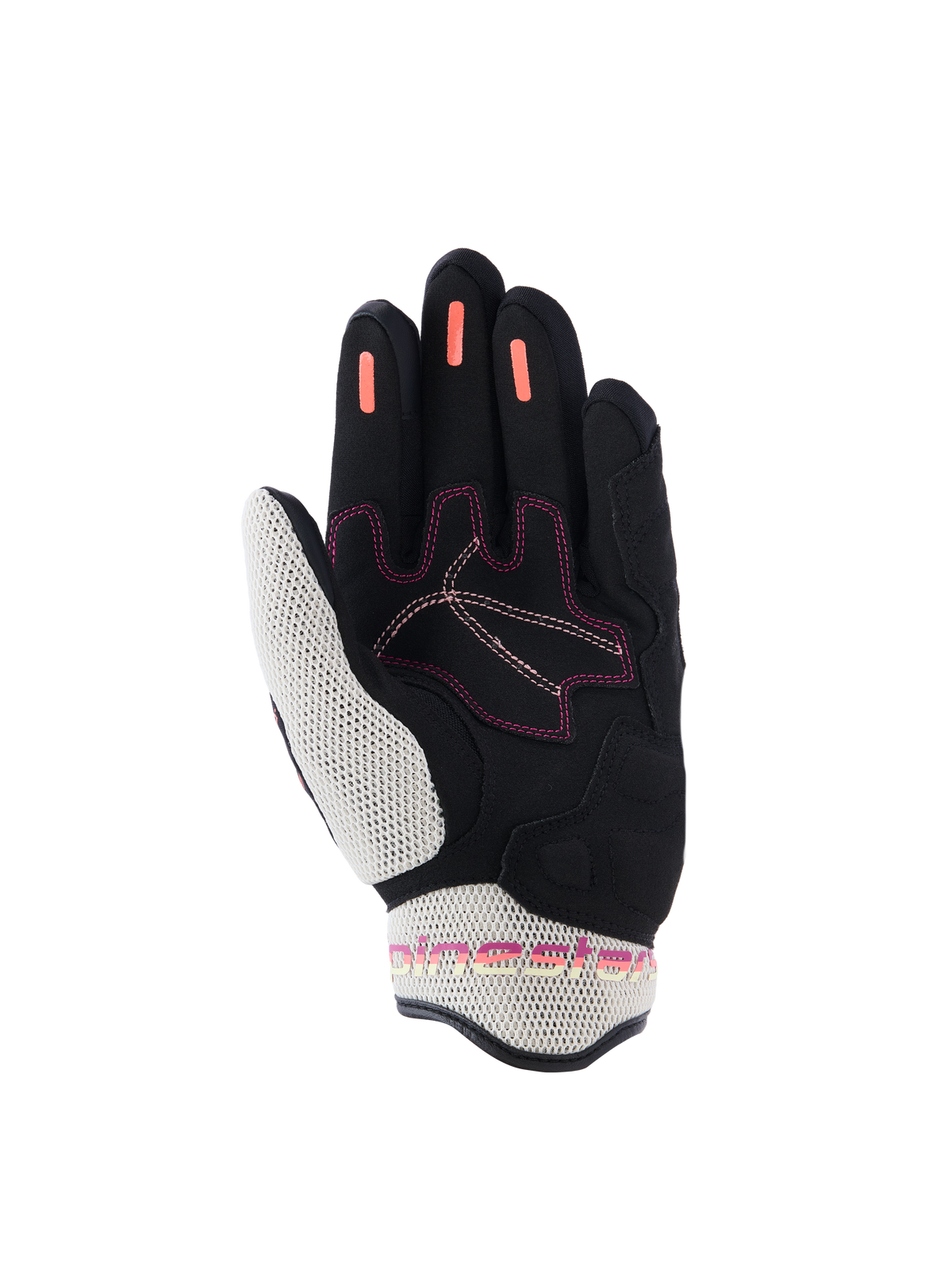 Gants Alpinestars Stella Mogress Airflow pour femme, gants de moto, Noir Écru Fading Coral, vue de la paume montrant la maille 3D blanche sur le pouce et le poignet, bandes d'adhérence en silicone corail sur les doigts et coutures roses