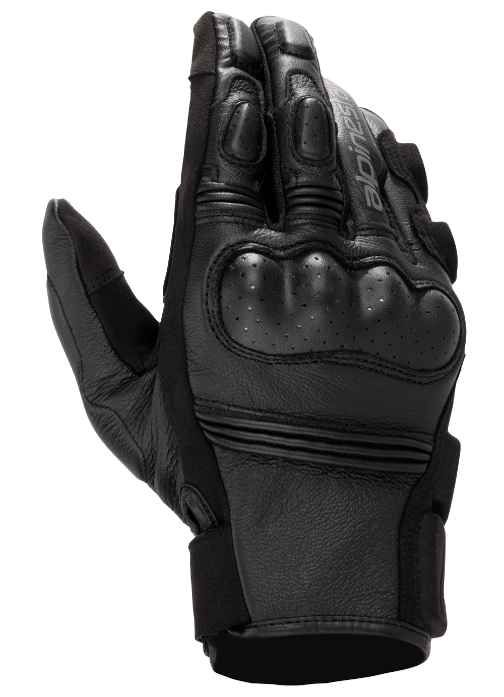 Alpinestars Stella Phenom Leather Air handschoen, dames motorhandschoen, zwart, aanzicht rugzijde met harde geperforeerde knokkelbescherming, gevoerde vingergewrichten en premium leren textuur