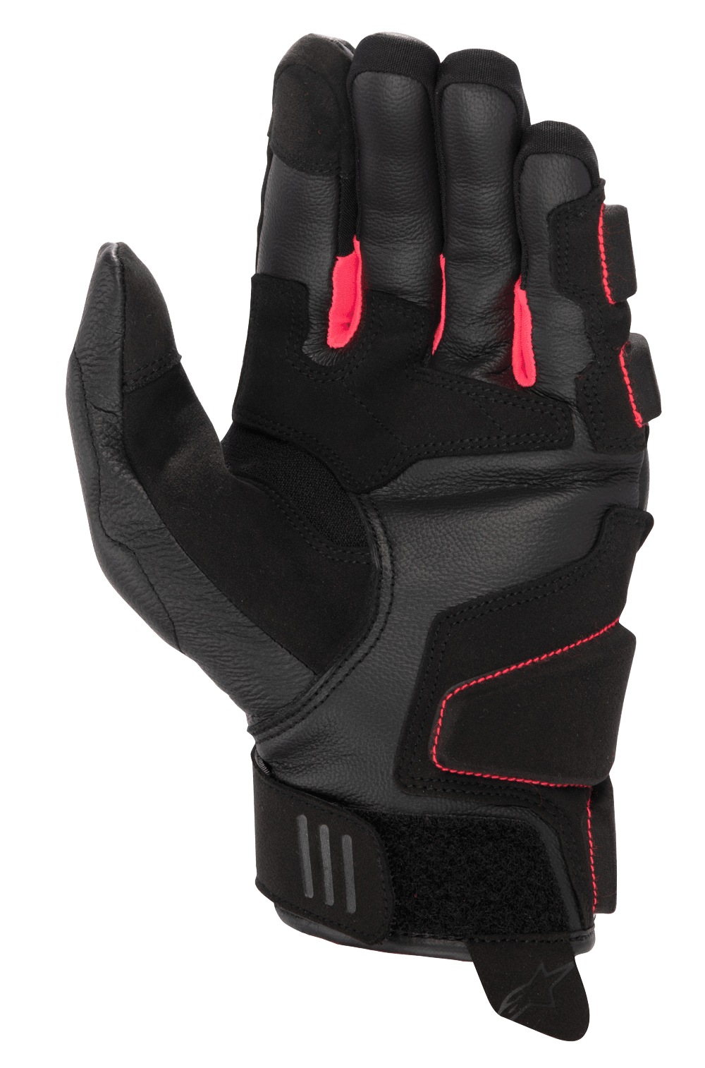 Alpinestars Stella Phenom Leren Air-handschoen voor dames, motorhandschoenen, zwart en Diva Pink, handpalmzijde met versterkte leren constructie, felroze vingerinzetstukken en kort manchet met verstelbare klittenbandsluiting