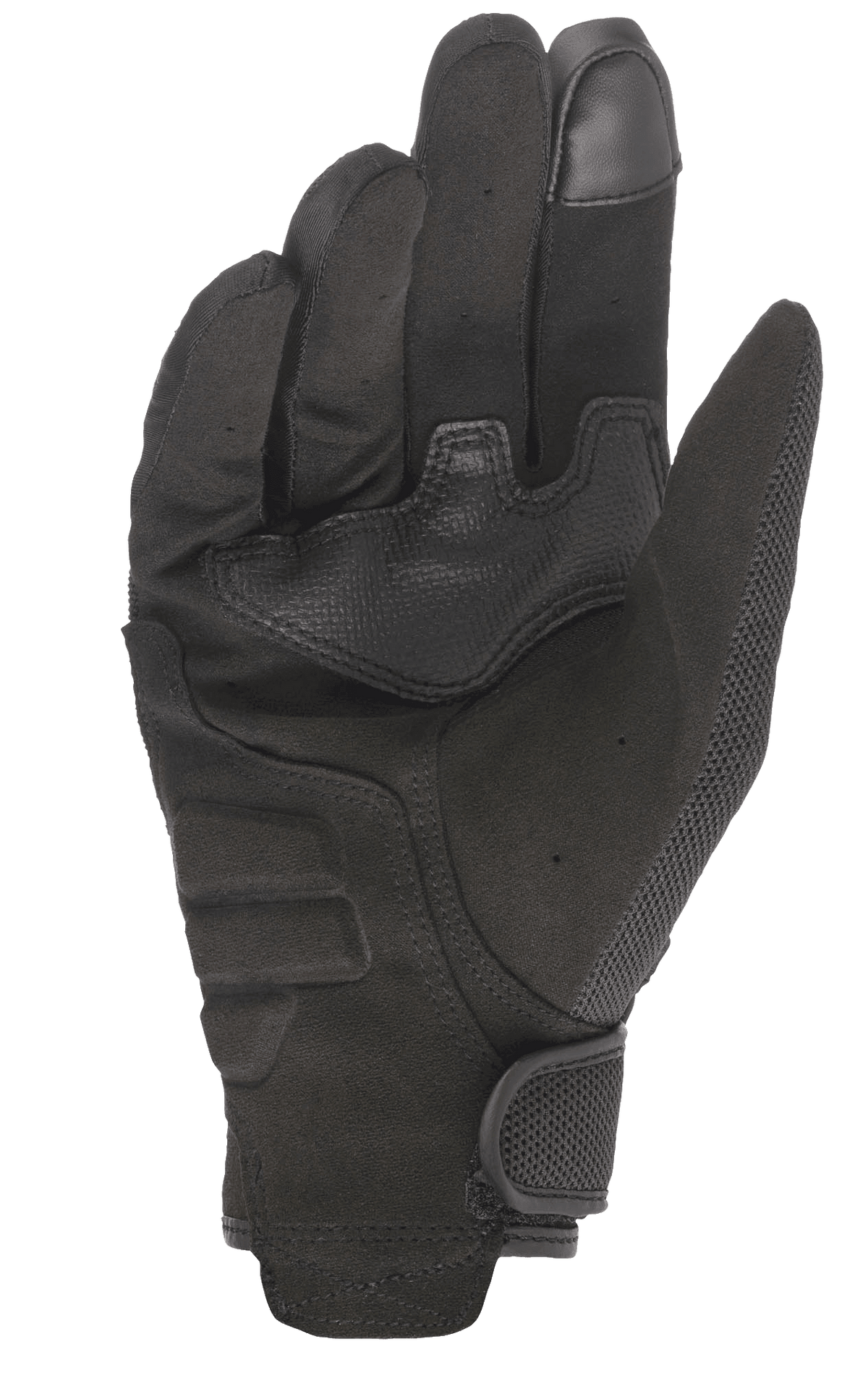 Alpinestars Stella Copper Women's Motorcycle Gloves, palm view, Black, featuring full synthetic suede palm with reinforcement patches, touchscreen-compatible fingertip, and hook and loop wrist closure