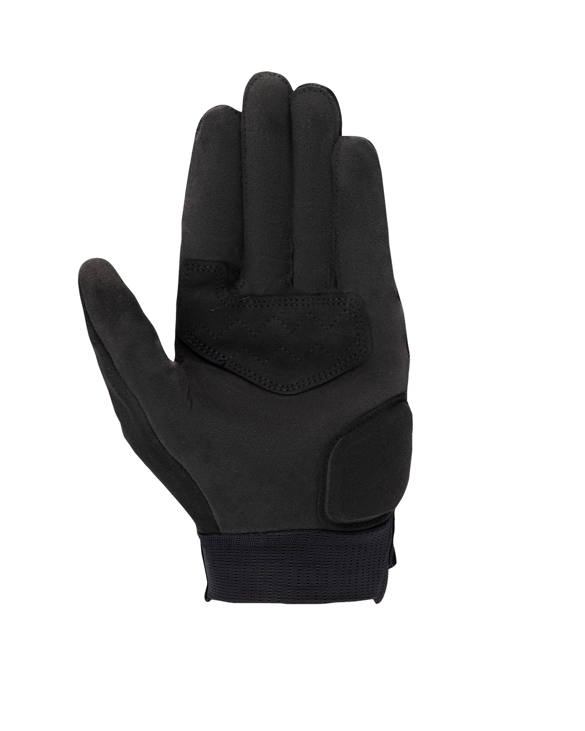 Gants Alpinestars Stated pour femme, noir, vue de la paume montrant le matériau en daim synthétique, zones de la paume et du pouce renforcées, bouts des doigts compatibles avec les écrans tactiles et poignet élastique, équipement de moto urbain