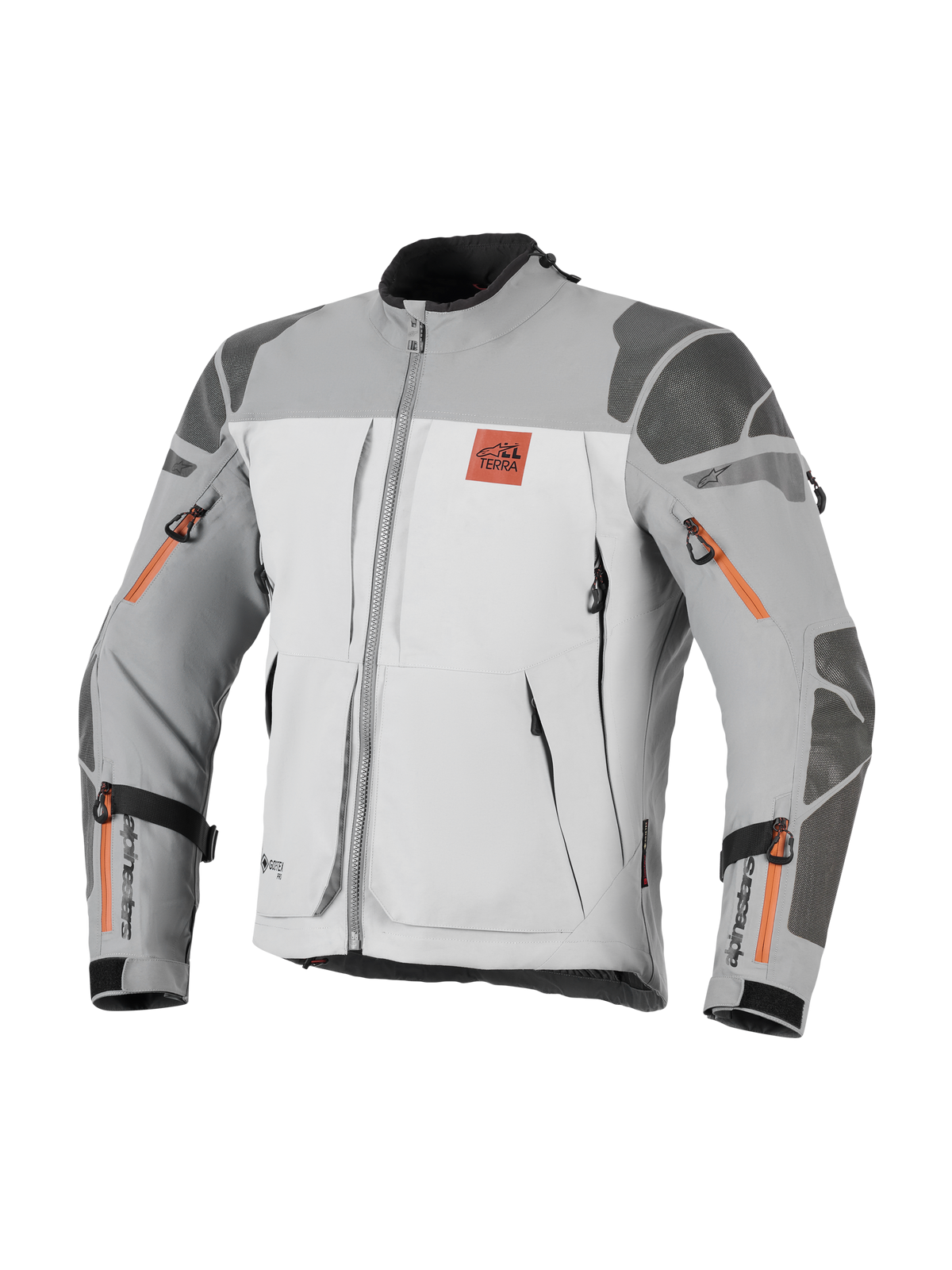 Alpinestars Nazca 3L GORE-TEX PRO Jacket, Adventure Motorcycle Jacket, Dark Gray and Mid Gray with orange zipper accents, featuring All Terra chest logo, Superfabric reinforcements on shoulders and elbows, multiple zippered ventilation openings, rugged touring design