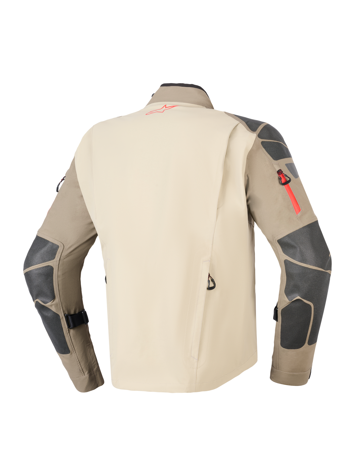 Alpinestars Nazca 3L GORE-TEX PRO Jacke, Walnut Rock Brown, Rückansicht mit beigem Rückenteil und braunen Ärmeln mit dunkelgrauen Verstärkungen an Schultern und Ellbogen, rote Reißverschluss- und Logo-Akzente, strapazierfähige Adventure-Motorrad-Tourenbekleidung