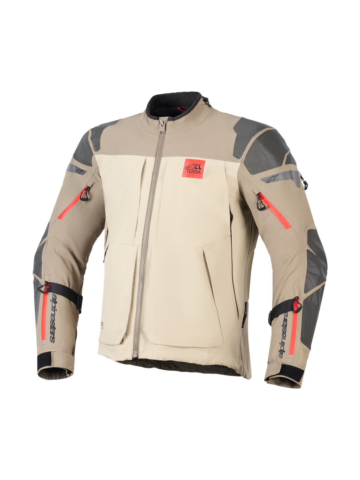 Alpinestars Nazca 3L GORE-TEX PRO Jacke, Walnut Rock Brown, Adventure-Motorradjacke, Color-Blocking in Beige und Hellbraun, graue strukturierte Verstärkungen an Schultern und Ellbogen, leuchtend rote Reißverschluss-Akzente, rotes „ALL TERRA“-Logo auf der Brust, schwarzes Alpinestars-Branding auf den Unterarmen, strapazierfähige Textilkonstruktion