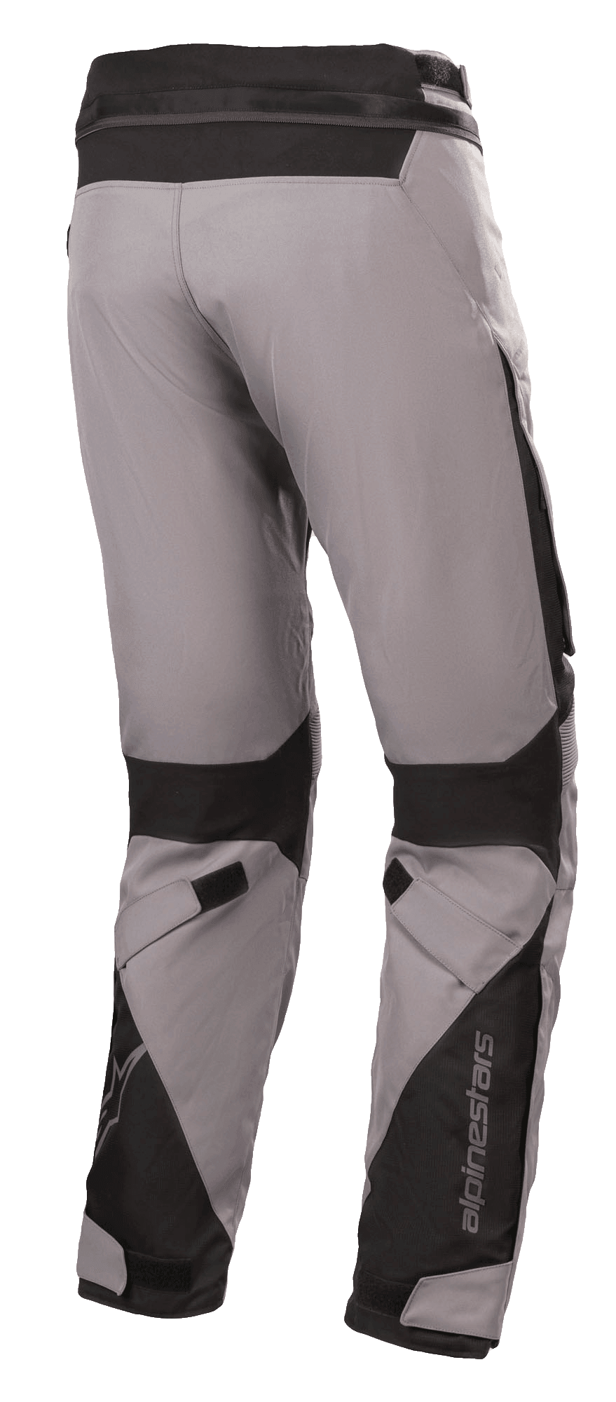 Alpinestars Road Pro GORE-TEX Pants, Motorcycle Touring Pants, Dark Gray and Black, rear view featuring technical textile construction, black ballistic nylon reinforcements, adjustable straps at the knees and ankles, and Alpinestars branding.