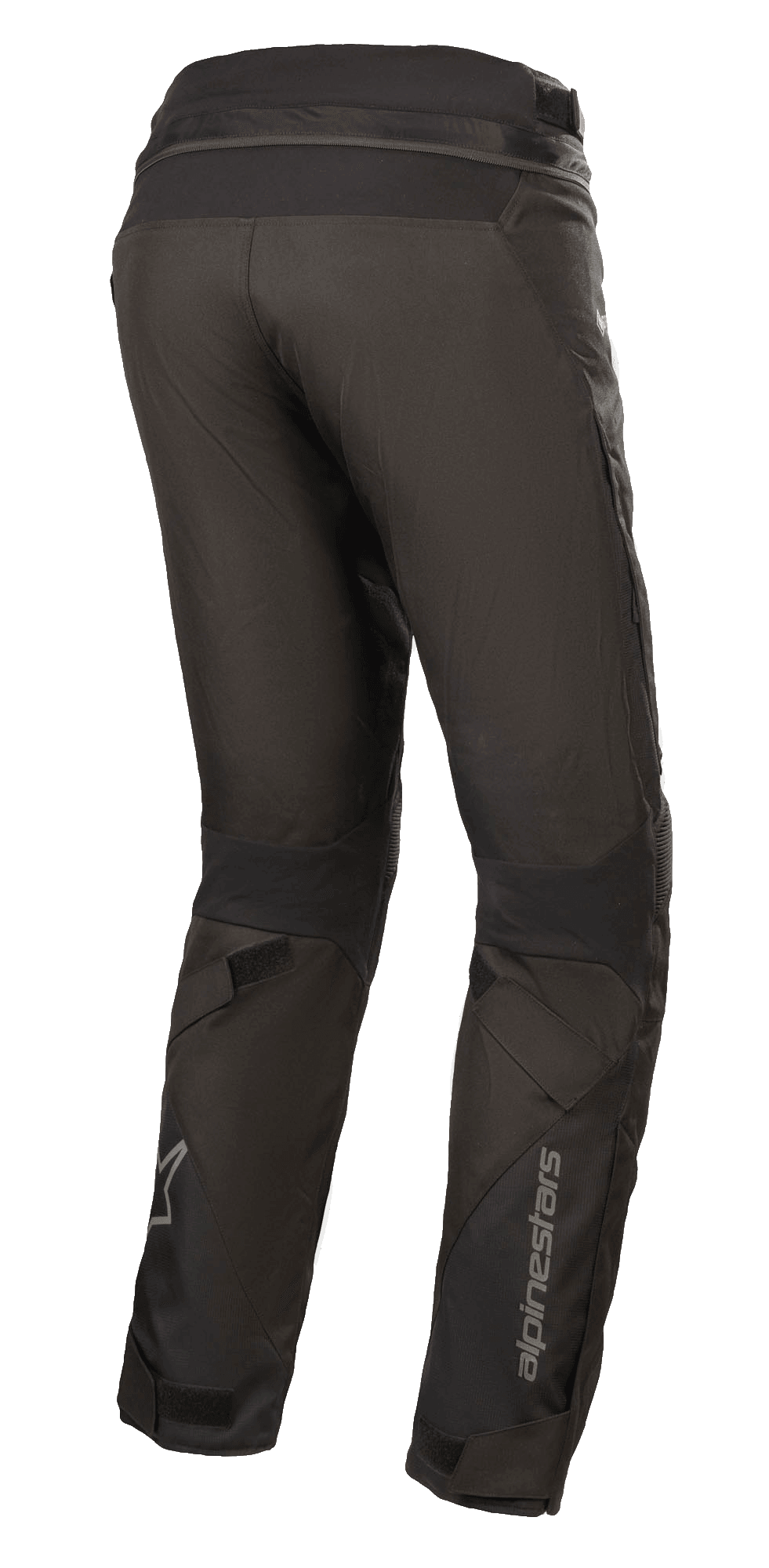 Pantalon Alpinestars Stella Road Pro GORE-TEX pour femme, noir, vue de trois quarts arrière, pantalon de moto en textile technique avec marquage Alpinestars réfléchissant sur le bas de la jambe, doté d'une coupe fuselée, d'ajusteurs de jambe en velcro et d'une fermeture éclair de raccordement à la taille pour le touring aventure.