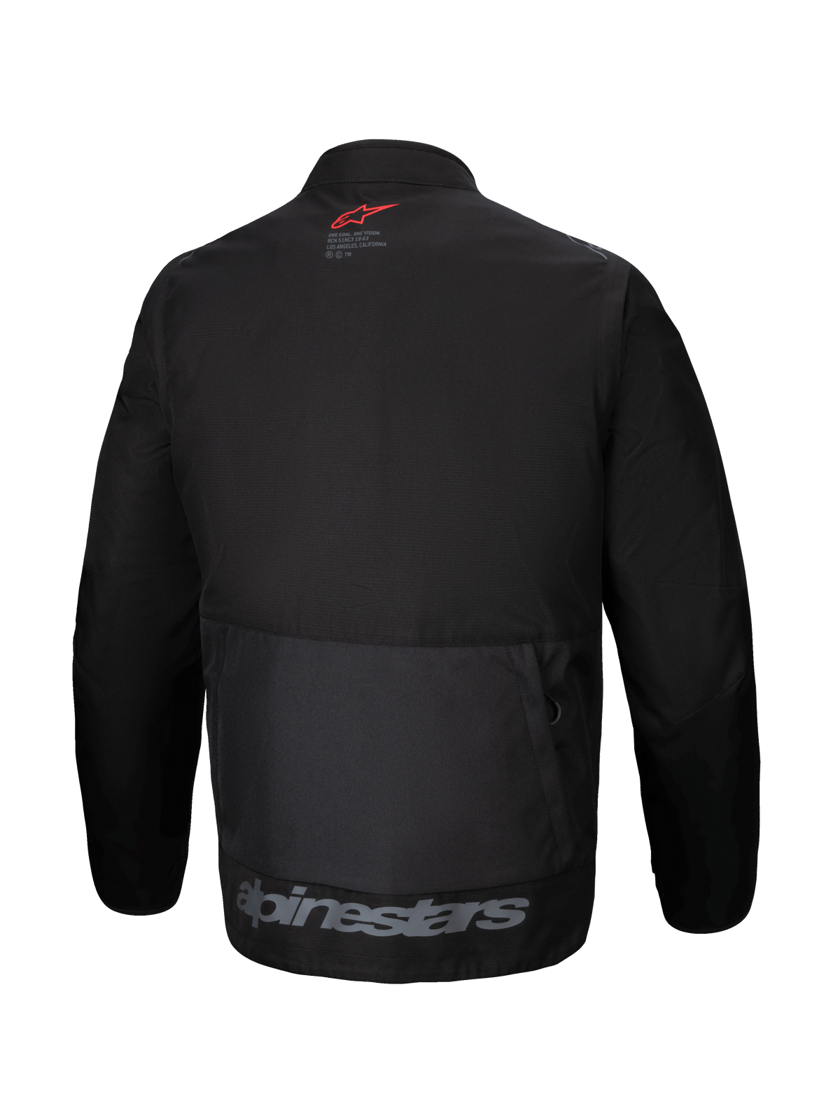 Veste Alpinestars Pro-Dura, vue de dos, veste d'enduro en textile noir, grande poche cargo arrière, logo étoile rouge sur le col, marquage Alpinestars gris sur l'ourlet inférieur, design tout-terrain robuste