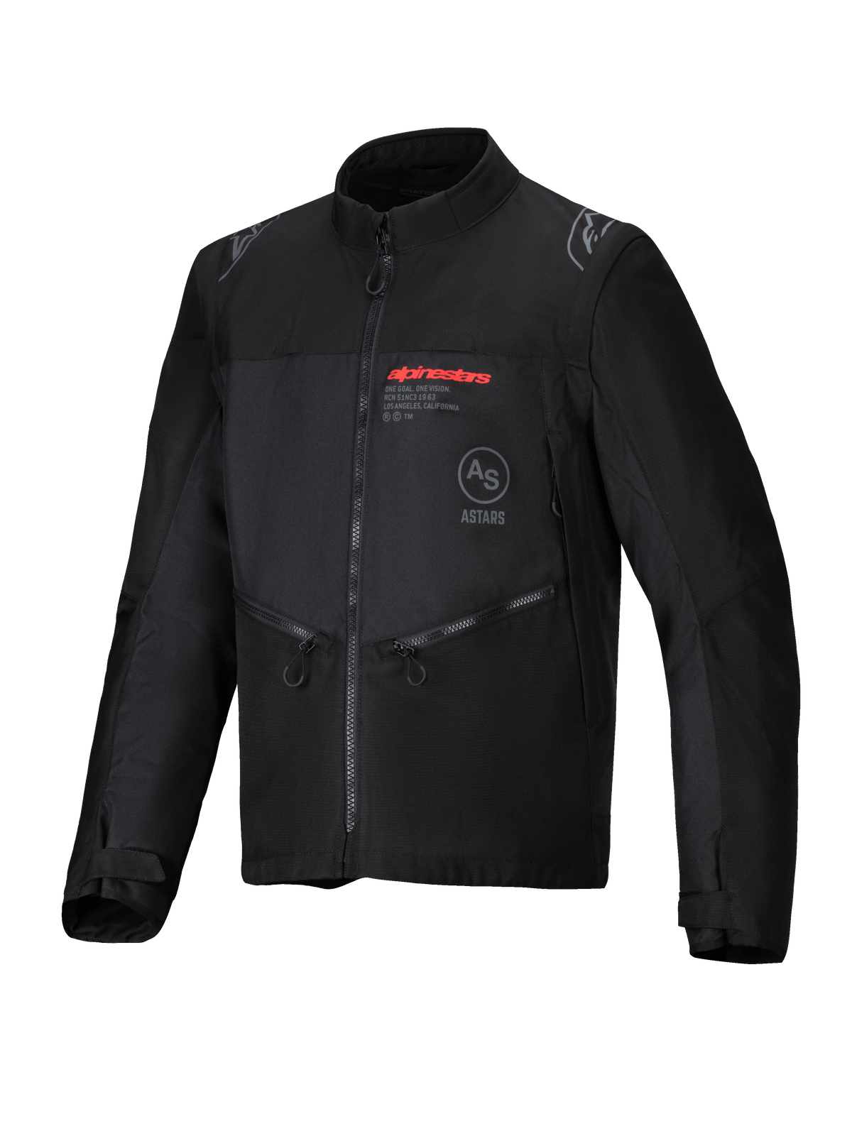 Alpinestars Pro-Dura Jacket, veste de moto tout-terrain, noire, textile ripstop durable, logo Alpinestars rouge sur la poitrine, poches zippées en biais et détails de logo étoile sur les épaules