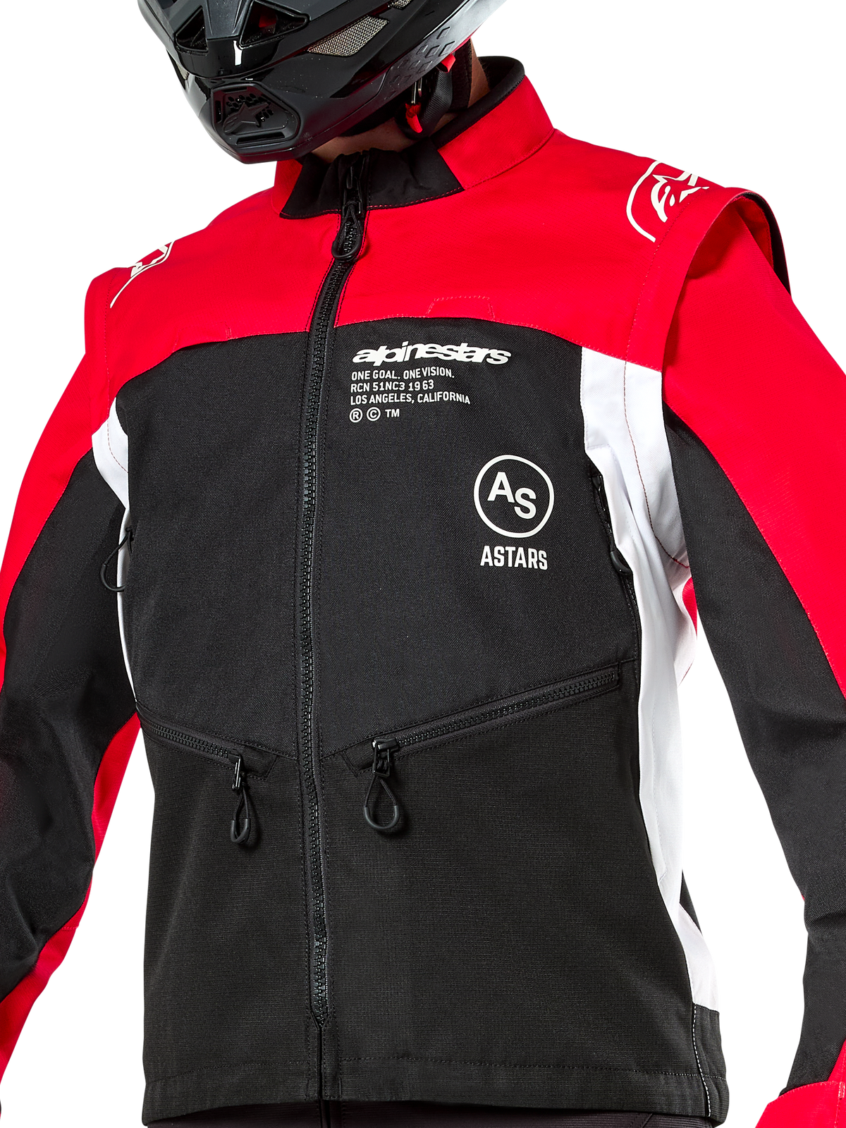 Alpinestars Pro-Dura Jacket, Off-Road Motorcycle Jacket, Black Bright Red and White, worn with a black helmet, featuring zippered pockets and bold branding on the chest, durable textile construction for enduro and trail riding