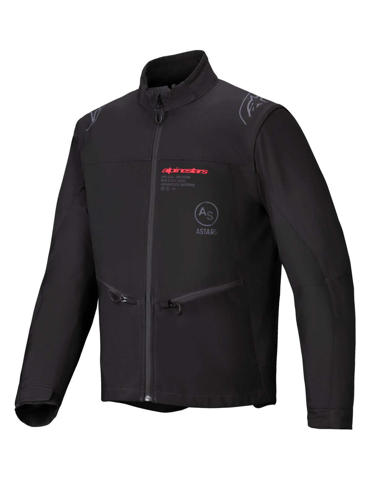 Alpinestars Lite-Dura Softshell-Jacke, Schwarz, Enduro-Offroad-Motorradjacke, mit rotem Alpinestars-Branding und AS ASTARS-Logo auf der Brust, Reißverschlusstaschen und winddichter Softshell-Konstruktion.