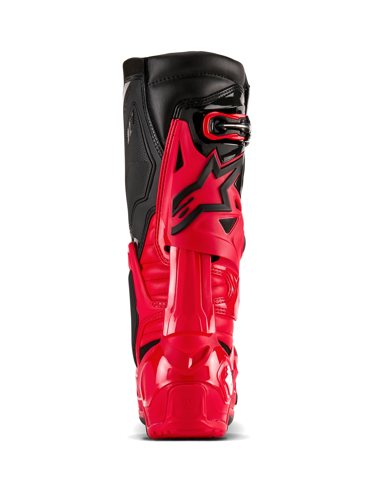 Alpinestars Tech 10 Enduro laarzen, helderrood en zwart, achteraanzicht met Dynamic Heel Compression Protector en flexieframe, professionele off-road motorcrossuitrusting, duurzame TPU-schaal en zwarte lederen bovenpanelen