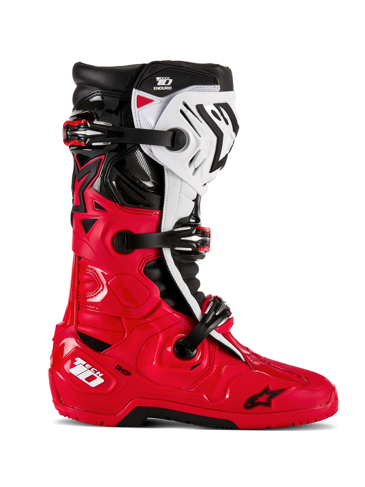 Alpinestars Tech 10 Enduro laarzen, motorcross off-road laarzen, helderrood met zwart en wit, zijaanzicht, drievoudig gespsluitsysteem, robuuste beschermpanelen, gespecialiseerde enduro gripzool, Astars logo-branding