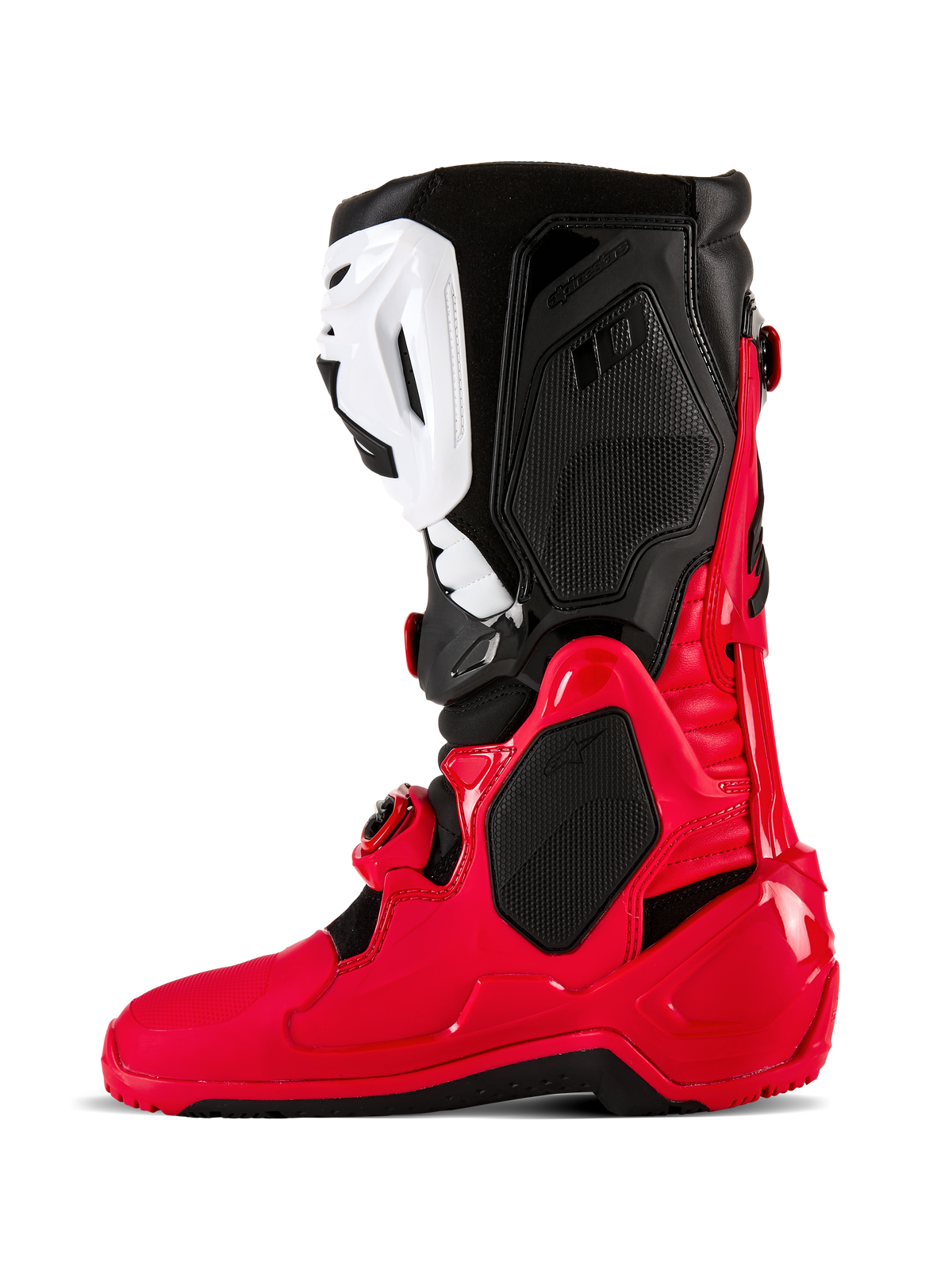 Alpinestars Tech 10 Enduro laarzen, motorcross- en enduro-laarzen, felrood, zwart en wit, zijprofiel met een duurzame TPU-schaal, witte scheenplaat en zwarte bovenpanelen, ontworpen voor off-road prestaties