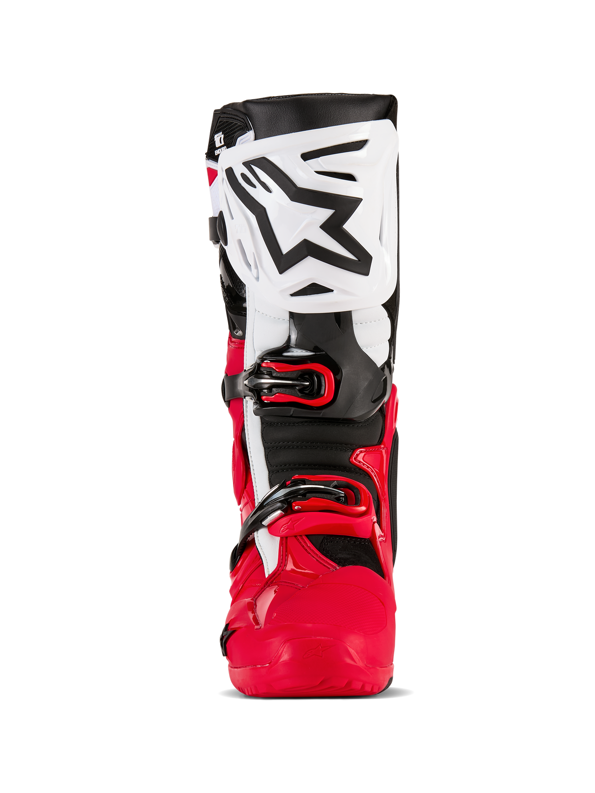 Alpinestars Tech 10 Enduro laarzen, motorcross- en enduro-laarzen, felrood, zwart en wit, vooraanzicht met een witte scheenplaat met een zwart Alpinestars-logo, rood onderste chassis en een veilig gespsluitingssysteem, hoogwaardige beschermende uitrusting voor off-road rijden