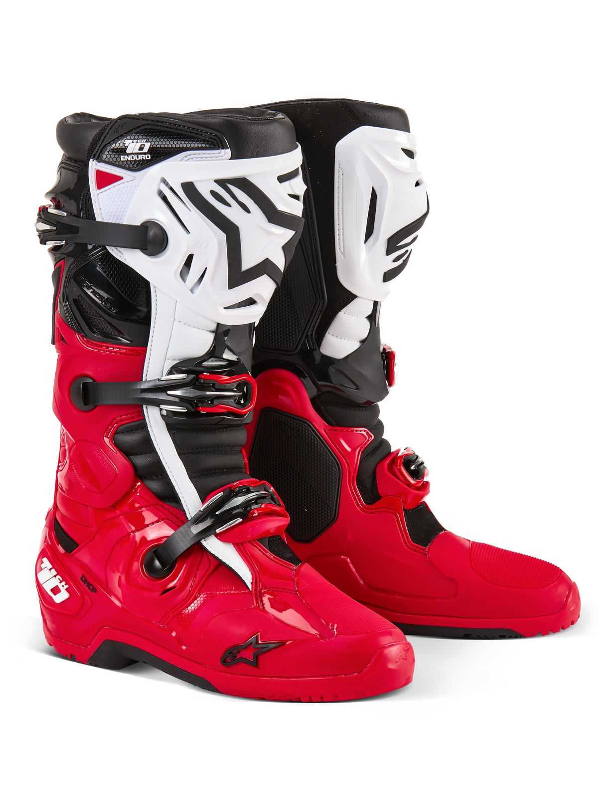 Alpinestars Tech 10 Enduro laarzen, motorcross- en enduro-laarzen, felrood, zwart en wit, witte scheenplaten met zwart Astars-logo, zwarte gespen en riemen, duurzaam ontwerp voor off-road racen