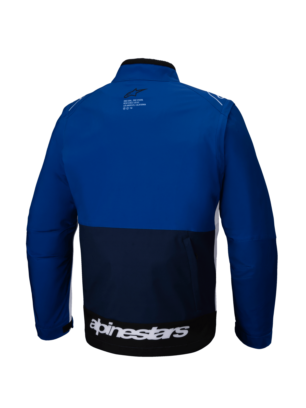 Alpinestars Lite-Dura Softshell-Jacke, Rückansicht, Navy, Hellblau und Weiß, Offroad-Motorradjacke mit Color-Block-Design, großem weißem Markenschriftzug am unteren Rückensaum und kleinem Logo auf dem oberen Rücken.