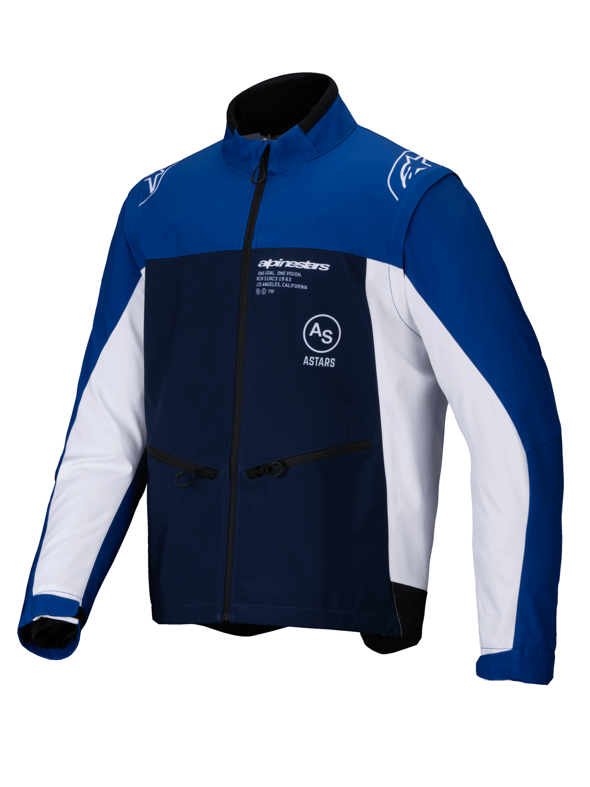 Alpinestars Lite-Dura Softshell-Jacke, Offroad-Motorradjacke, Dunkelblau, Hellblau und Weiß, durchgehender Frontreißverschluss und Reißverschlusstaschen, Alpinestars-Branding auf der Brust und den Schultern, strapazierfähiges Softshell-Material für Enduro-Fahrten
