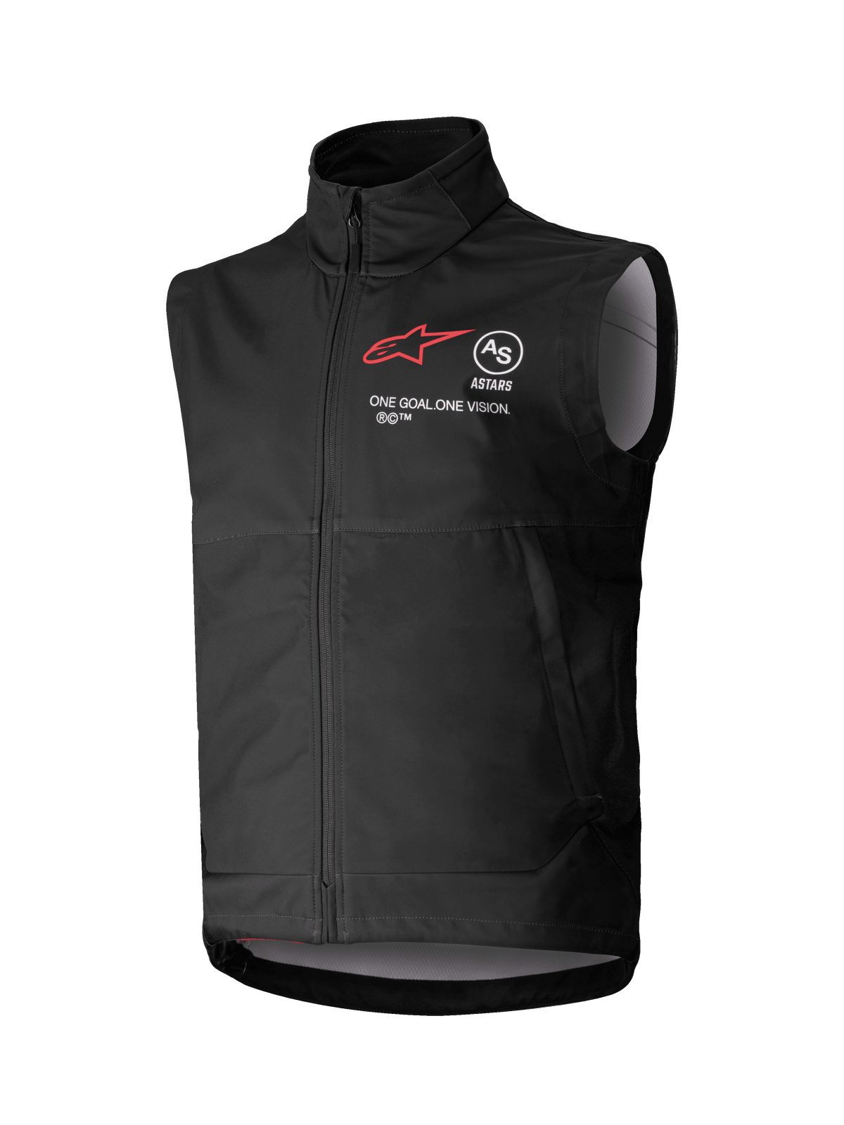 Alpinestars Techstar Softshell-Weste, schwarze ärmellose Motocross-Weste, hoher Kragen mit Frontreißverschluss, rotes Stern-Logo mit „ASTARS“ und „ONE GOAL. ONE VISION.“ Brust-Branding, leichtes winddichtes Softshell-Gewebe mit hellgrauem Innenfutter, konzipiert für den Offroad-Einsatz