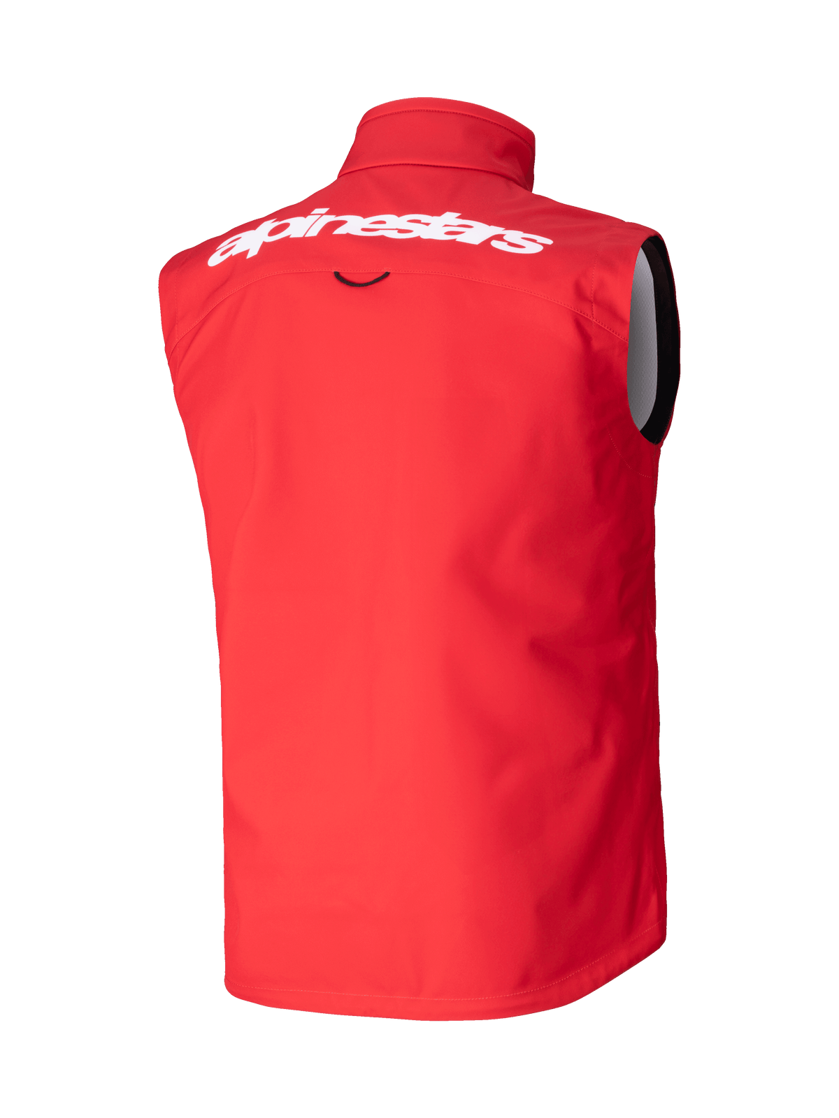 Gilet Softshell Techstar Alpinestars, gilet de motocross, rouge éclatant, vue arrière avec lettrage Alpinestars blanc sur le haut du dos, matériau softshell extensible coupe-vent, conception ergonomique sans manches pour le tout-terrain