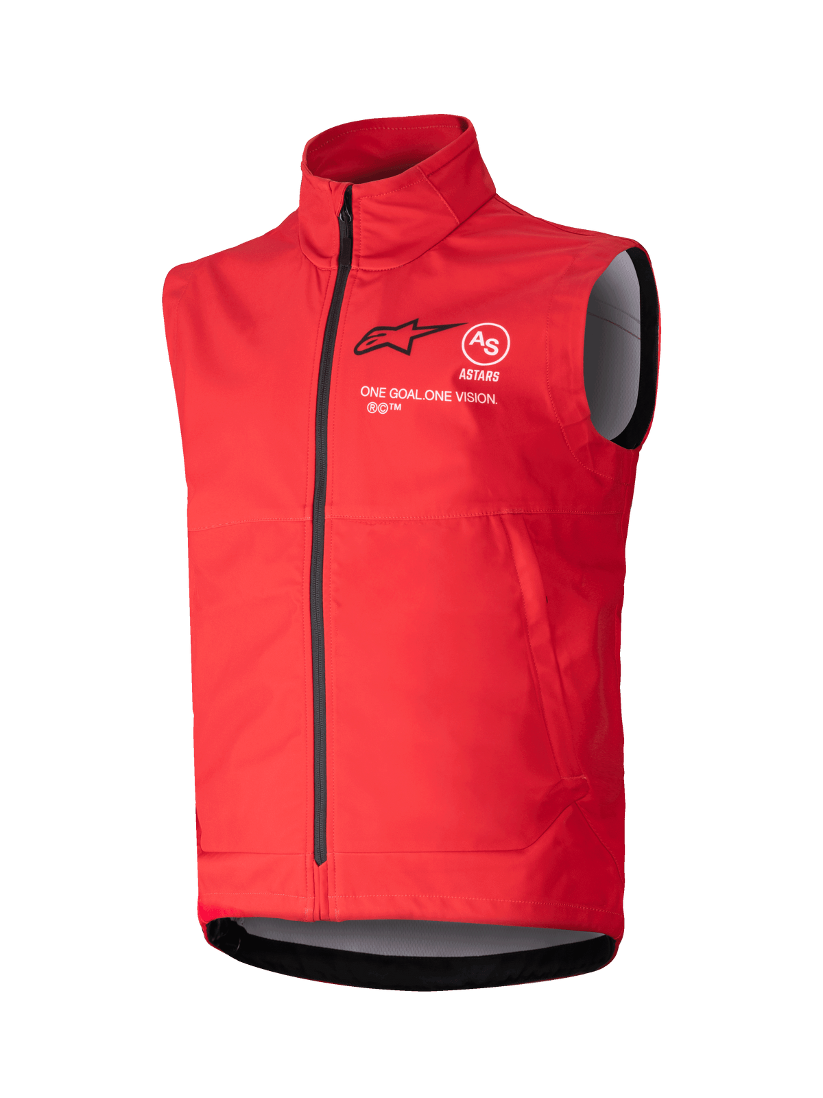 Gilet Softshell Alpinestars Techstar, gilet coupe-vent sans manches rouge vif, col montant avec fermeture éclair noire, marquage ASTARS noir et blanc avec la devise « ONE GOAL ONE VISION » sur la poitrine, doublure intérieure grise, design sportif pour le motocross