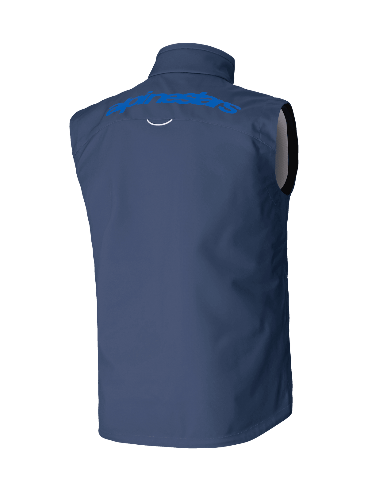 Gilet Alpinestars Techstar Softshell, bleu marine, vue de dos avec logo Alpinestars bleu clair sur les épaules, construction softshell stretch coupe-vent pour le motocross et le pilotage tout-terrain