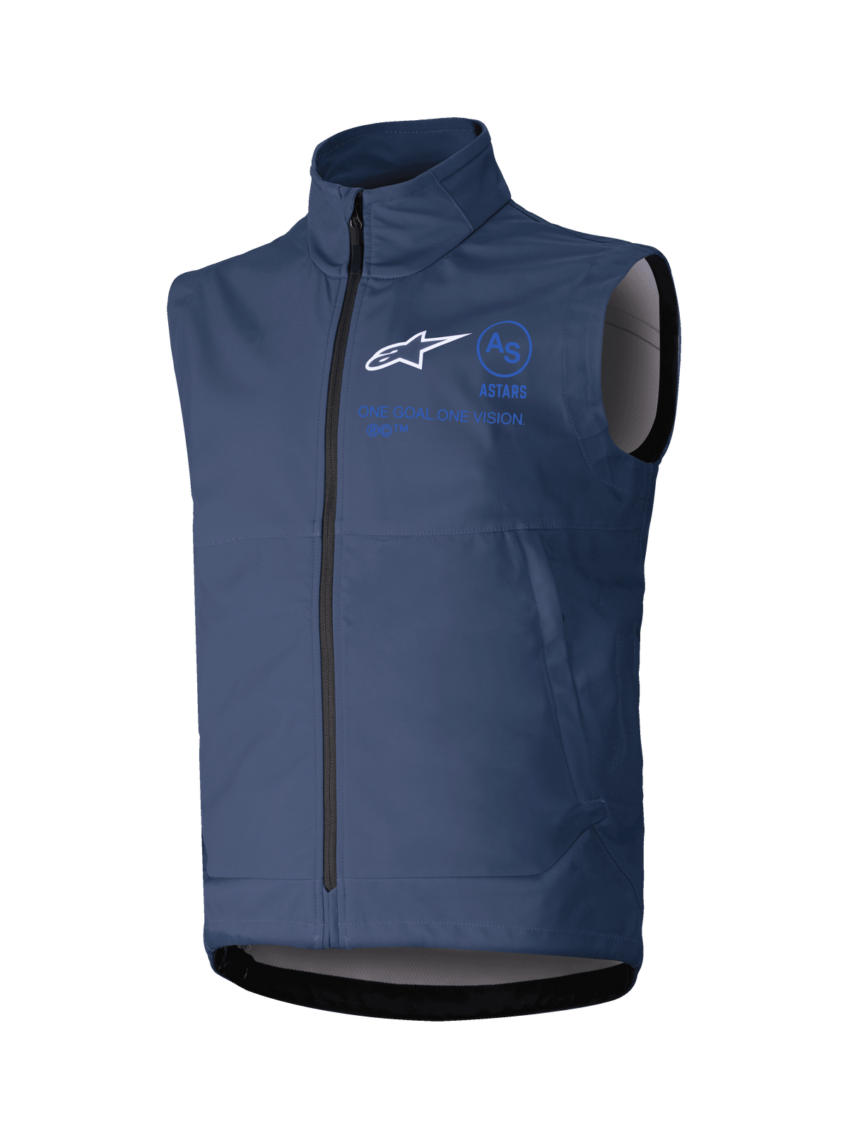 Alpinestars Techstar Softshell Vest, gilet de moto sans manches, bleu marine, col montant avec fermeture éclair frontale, logo blanc et marquage bleu, tissu softshell technique pour pilotage tout-terrain