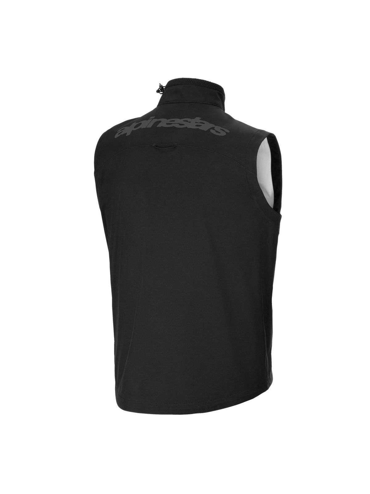 Gilet Softshell Techstar Junior Alpinestars, gilet de motocross, noir, vue de dos, avec logo Alpinestars ton sur ton sur le haut du dos, col haut avec cordon de serrage, matériau softshell léger et coupe-vent.
