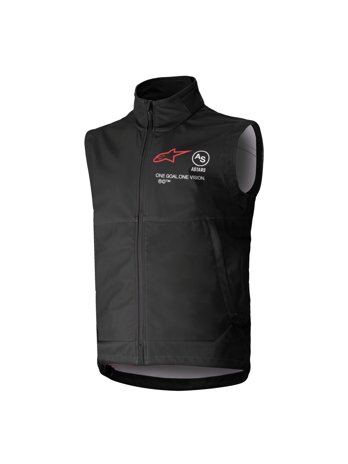 Gilet Softshell Alpinestars Youth Techstar, noir, gilet de motocross sans manches avec logo étoile rouge, col haut, fermeture éclair frontale, inscription "ONE GOAL. ONE VISION.", doublure intérieure gris clair, équipement de sport mécanique pour jeunes