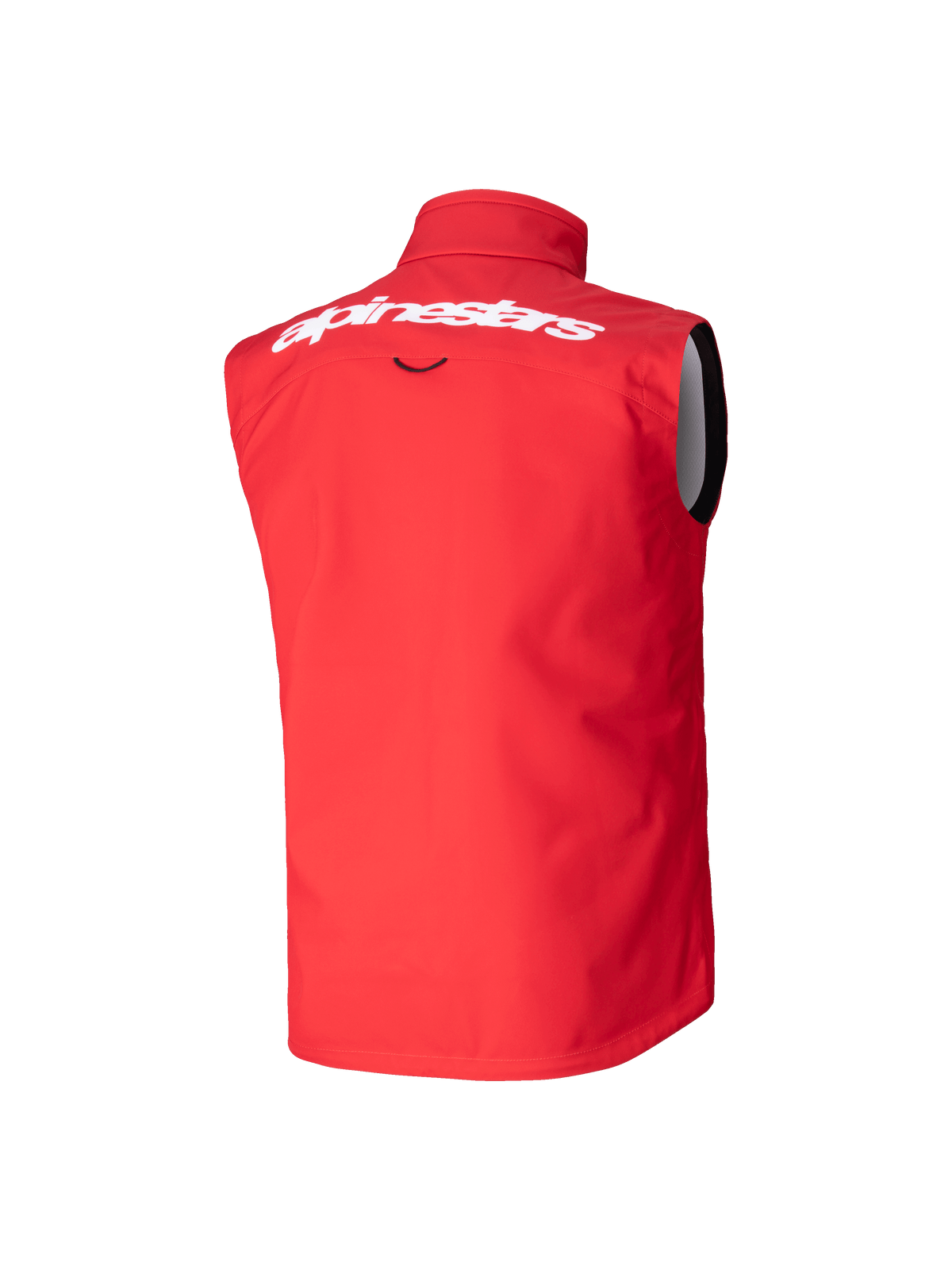 Alpinestars Youth Techstar Softshell Weste, Motocross-Weste, Rot, Rückansicht mit großem weißem Alpinestars-Schriftzug auf dem oberen Rücken, ärmelloses Softshell-Design mit hohem Kragen für Windschutz