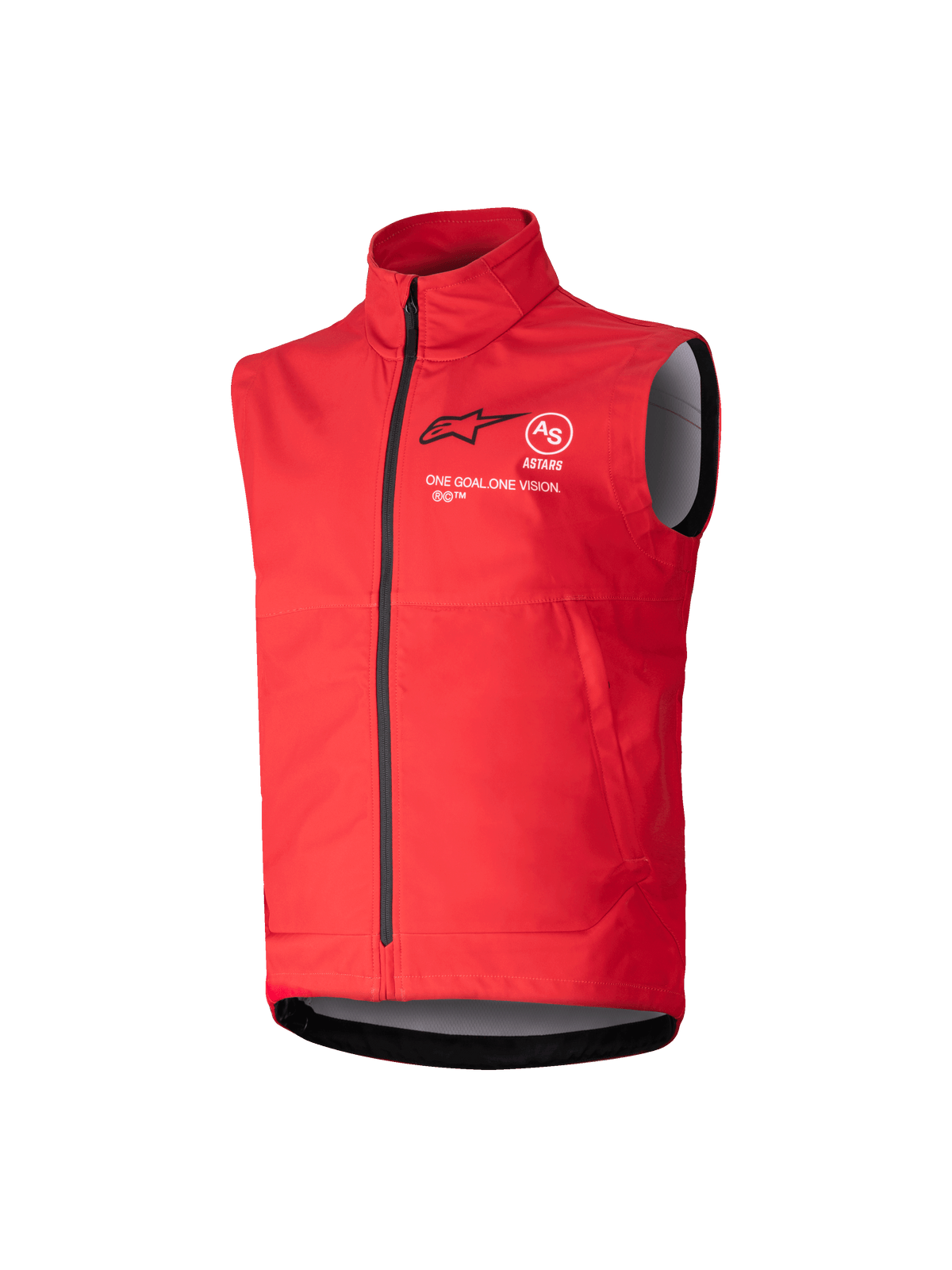 Alpinestars Youth Techstar Softshell-Weste, leuchtendes Rot, winddichte Motocross-Weste, hoher Kragen mit durchgehendem schwarzem Reißverschluss, ärmelloses Design mit grauem Innenfutter, schwarzes Logo und weißer Markenschriftzug auf der Brust