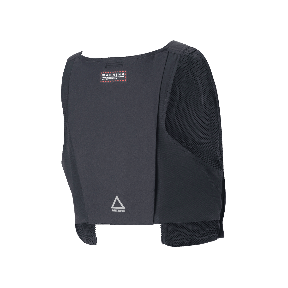 Alpinestars Techdura Tactical Vest, achteraanzicht, zwart duurzaam textiel met mesh zijpanelen, voorzien van een rood waarschuwingslabel en zilveren Astars driehoekig logo op de onderrug, modulair opbergsysteem voor enduro-rijden