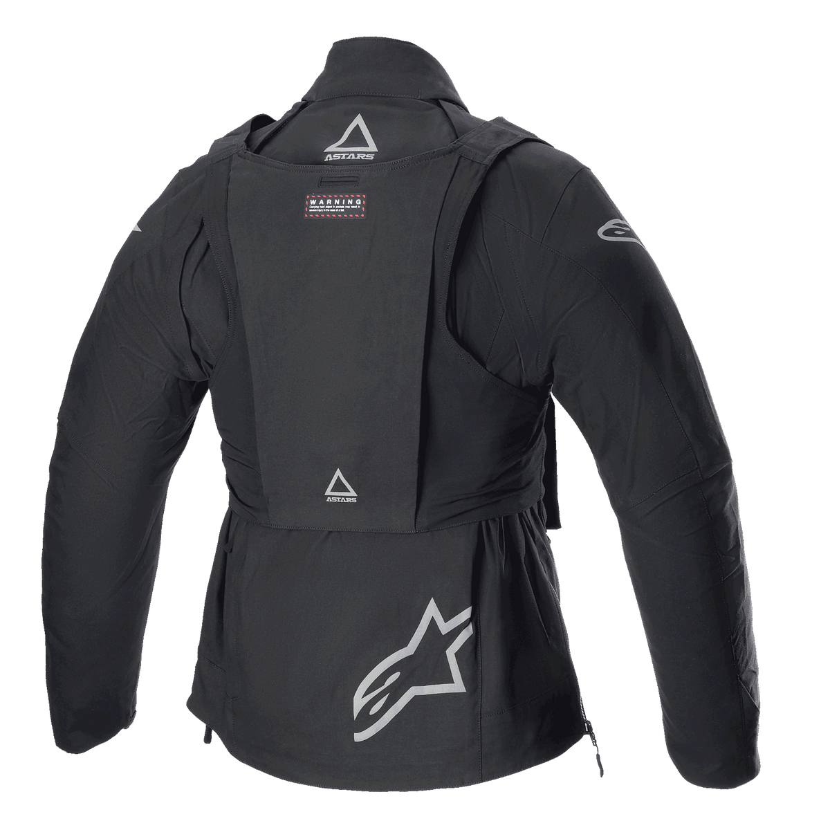 Veste Alpinestars Techdura avec sac tactique, veste de moto tout-terrain, Black Reflex, vue arrière avec gilet tactique détachable et logos ASTARS, grand logo étoile en bas du dos, conception modulaire robuste pour l'enduro