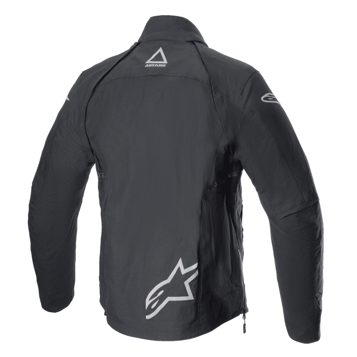 Veste Alpinestars Techdura, Noir Reflex, vue arrière de la veste de moto tout-terrain en textile, logos Alpinestars réfléchissants sur le bas du dos et la nuque, conception robuste pour l'enduro et l'aventure