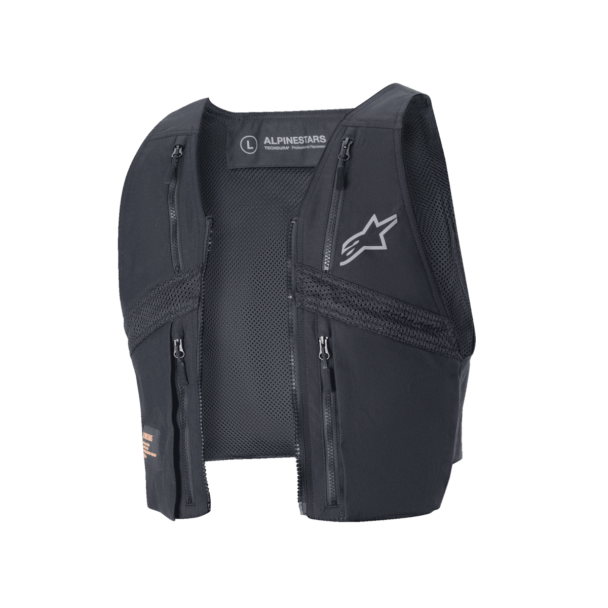 Alpinestars Techdura Tactical Vest, zwart afneembaar vest-onderdeel voor de Techdura Jacket, voorzien van vier zakken met ritssluiting aan de voorzijde, ademende mesh-panelen en zilveren Alpinestars-logo, modulaire uitrusting voor enduro en off-road rijden.