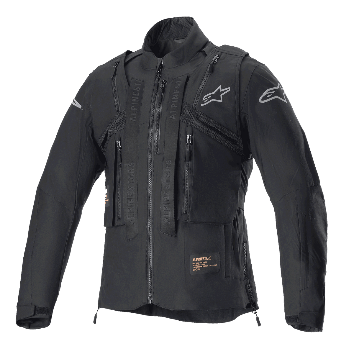 Veste Alpinestars Techdura, Black Reflex, veste de moto tout-terrain avec gilet tactique intégré, vue de face, dotée de multiples poches utilitaires, d'une construction textile robuste et de logos Alpinestars argentés, conçue pour l'enduro.