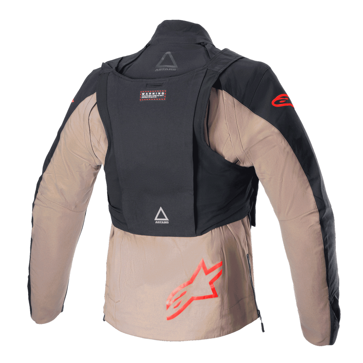 Veste Alpinestars Techdura, Black Falcon Brown, vue arrière présentant le sac tactique détachable, logos étoile Alpinestars rouges, construction textile robuste pour l'enduro et le tout-terrain