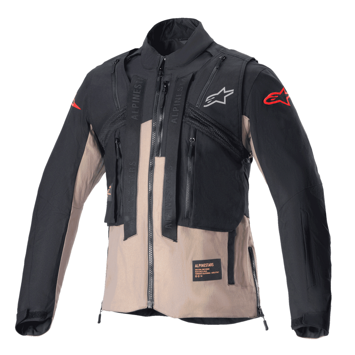 Veste Alpinestars Techdura, veste d'enduro tout-terrain, noir et brun Falcon Brown, design modulaire avec gilet tactique intégré, plusieurs poches utilitaires, construction en textile robuste, logos Alpinestars sur la poitrine et les manches