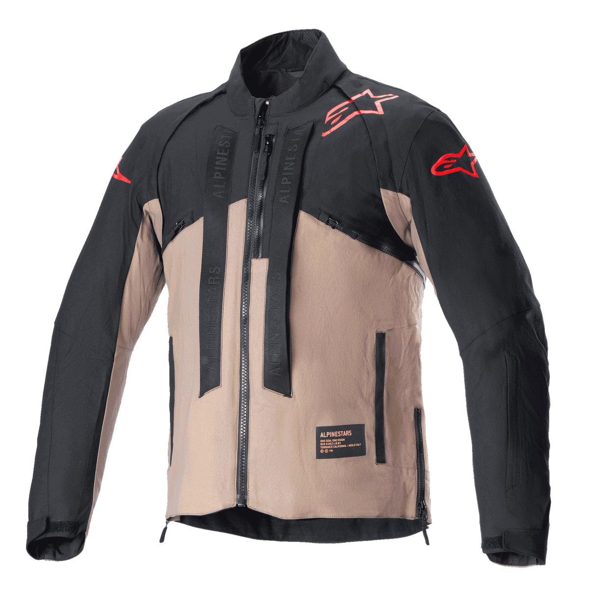 Veste Alpinestars Techdura, veste de moto tout-terrain, noir et brun Falcon, design bicolore avec logos étoiles rouges sur les épaules et les manches, sangles verticales marquées Alpinestars sur la poitrine, matériau textile durable