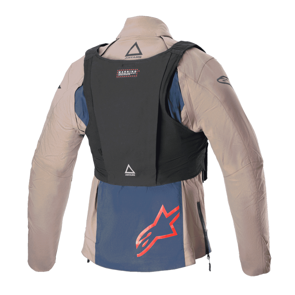 Alpinestars Techdura Jas, Falcon Brown en Night Navy, achteraanzicht met zwart tactisch vest, voorzien van een rood Alpinestars-logo op het donkerblauwe onderpaneel, robuuste textielconstructie voor enduro en off-road rijden