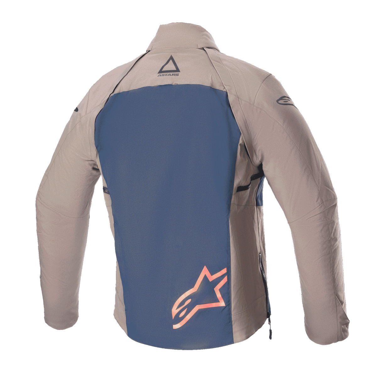Alpinestars Techdura Jas, achteraanzicht, Falcon Brown en Night Navy, voorzien van een donkerblauw rugpaneel met een groot oranje ster-logo, bruine textielen mouwen en schouders, duurzame stretch polyamide constructie voor enduro- en off-road rijden