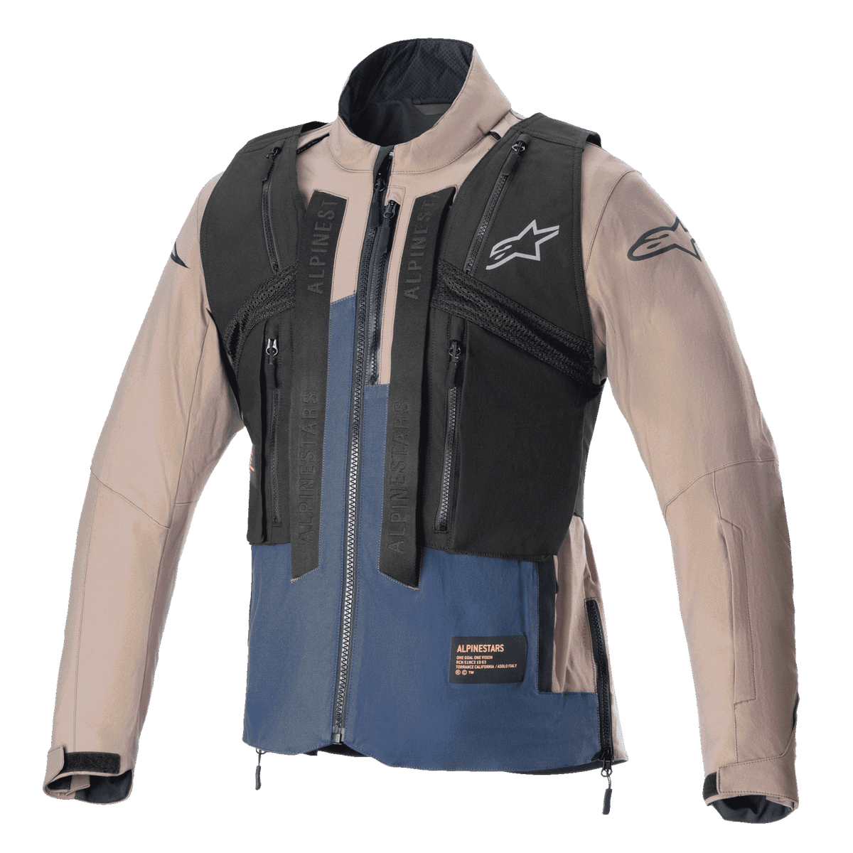 Alpinestars Techdura Jacket, Falcon Brown en Night Navy, voorzien van een afneembaar zwart tactisch vest met meerdere ritszakken, robuuste stretch polyamide constructie, sterlogo op de borst en mouwen, ontworpen voor enduro en off-road rijden.