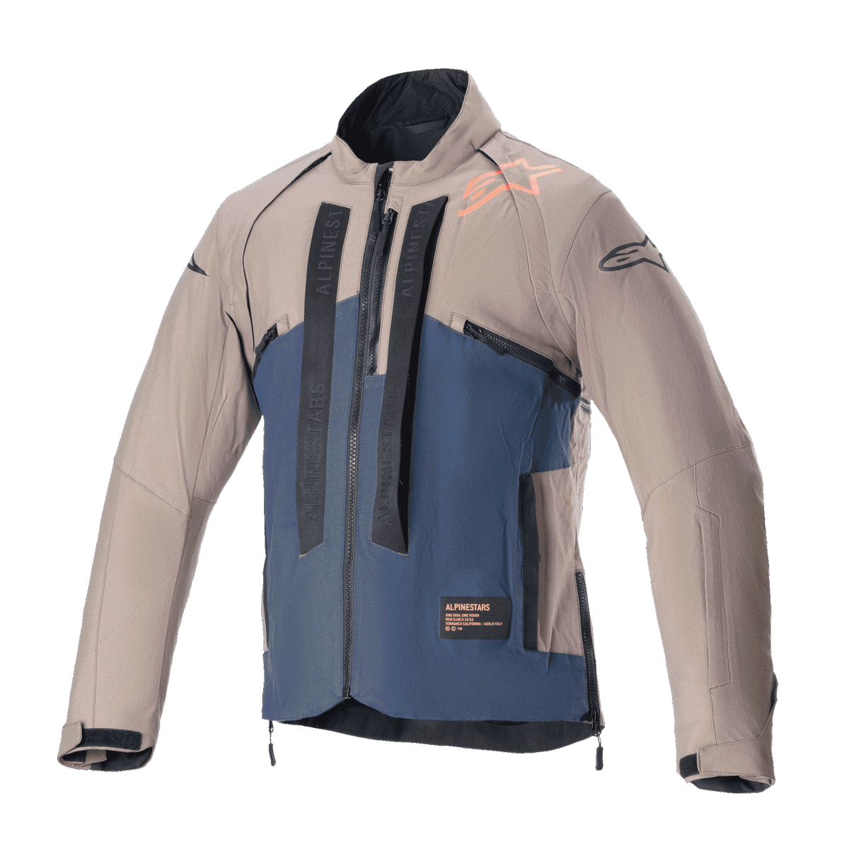 Alpinestars Techdura jas, off-road motorjas, Falcon Brown en Night Navy, vooraanzicht, tweekleurige constructie met verticale zwarte Alpinestars-branding, oranje logo op de schouder, hoge kraag en ritssluiting aan de voorzijde, technische kleding voor enduro- en adventure-rijden.