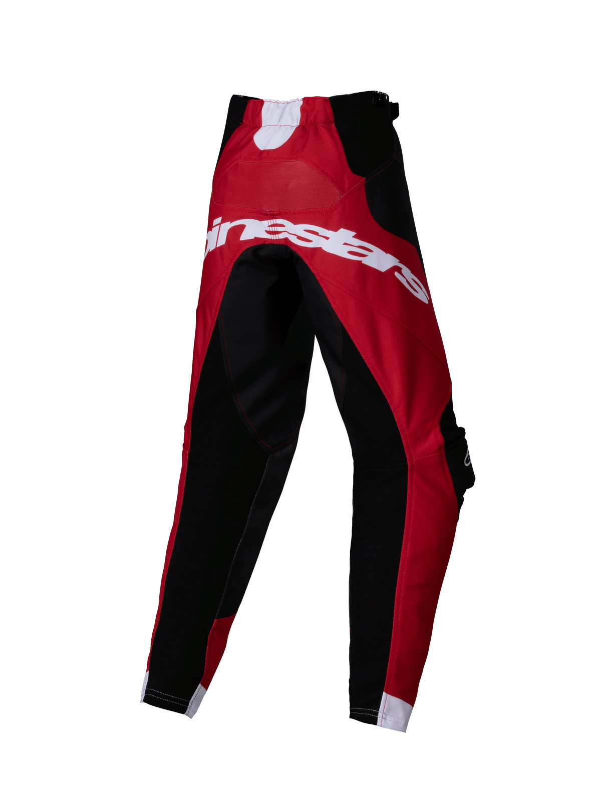 Alpinestars 2025 Kids Racer Veil Hose, Motocross-Hose, Schwarz und leuchtendes Rot, Rückansicht mit großem weißem Alpinestars-Logo, technisches Multi-Panel-Design für Offroad-Rennsport
