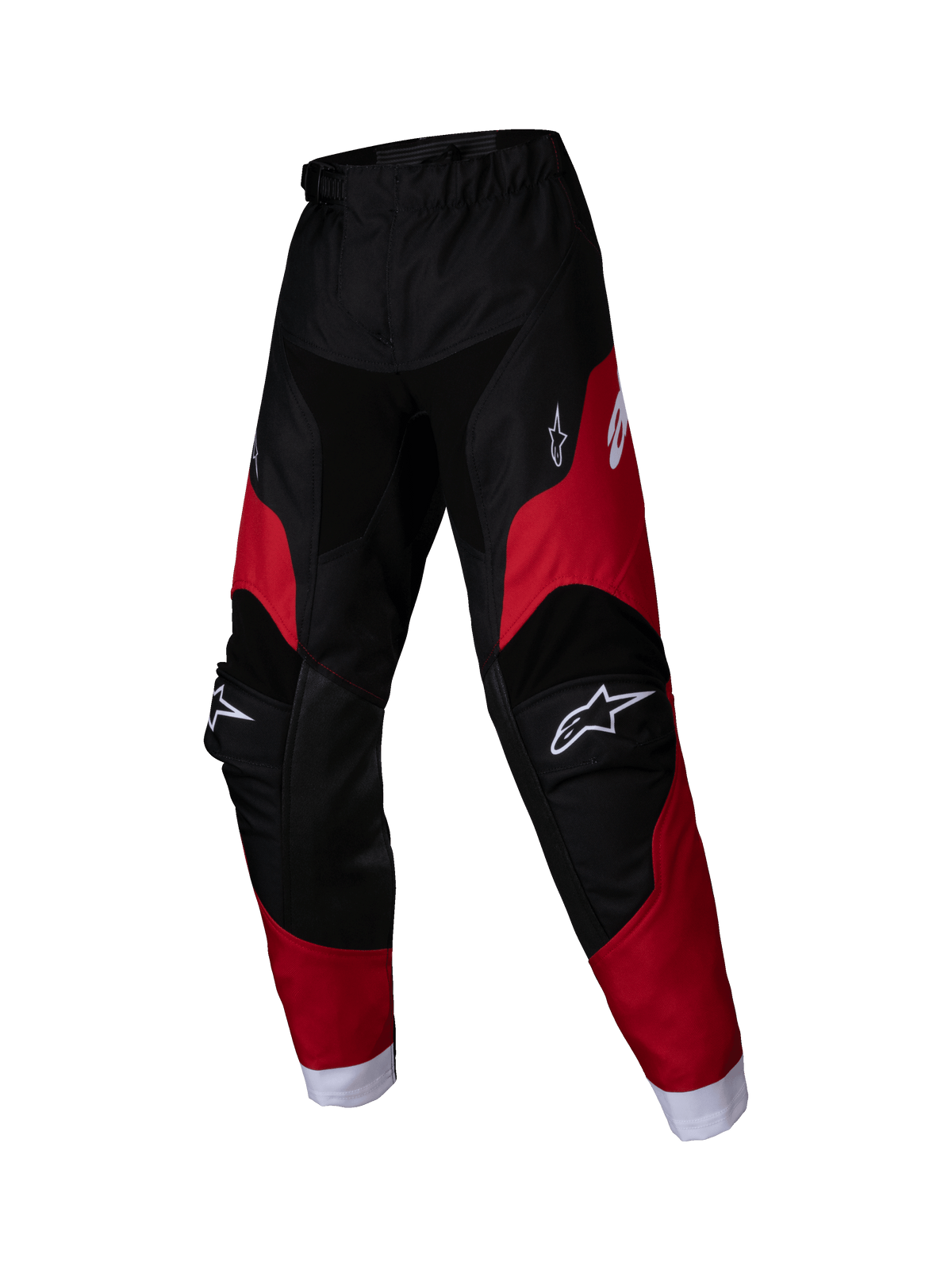 Alpinestars 2025 Kids Racer Veil Hose, Kinder-Motocross-Hose, Schwarz und Hellrot, weiße Logos an Oberschenkeln und Knien, weiße Knöchelbündchen, ergonomisch vorgeformtes Design, strapazierfähiges Material für Offroad-Rennsport