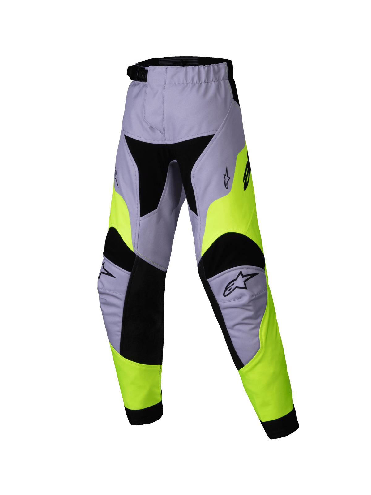 Alpinestars 2025 Kids Racer Veil Hose, Kinder-Motocross-Hose, Grau und Neongelb, technisches Multi-Panel-Design mit schwarzen Akzenten, Alpinestars Stern-Logos auf den Knien, strapazierfähiges Textil für den Offroad-Rennsport