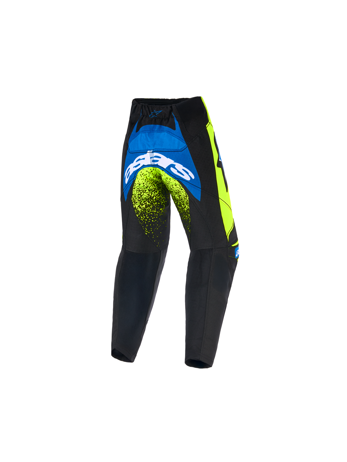Alpinestars 2026 Kids Racer Nomur Hose, Jugend-Motocross-Hose, Dunkelblau, Neongelb und UCLA Blau, Rückansicht mit markantem weißem Astars-Logo und Neon-Akzenten, strapazierfähiges Offroad-Design