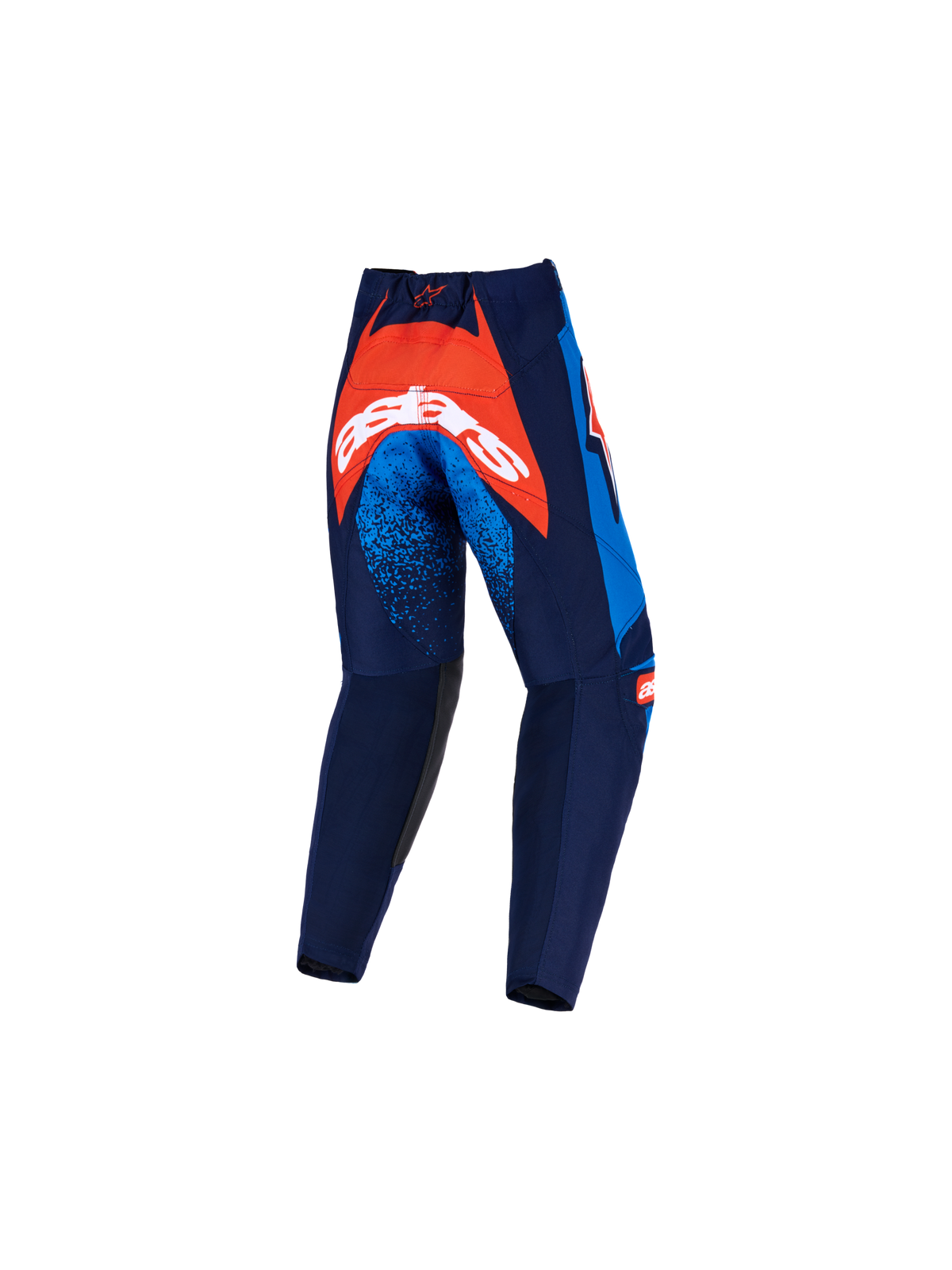 Alpinestars 2026 Kids Racer Nomur broek, motorcrossbroek, donkerblauw, oranje en UCLA blauw, achteraanzicht met een groot oranje paneel op het zitvlak met witte merknaam, blauw gespikkelde accenten op de dijen, duurzame textielconstructie voor off-road rijden.