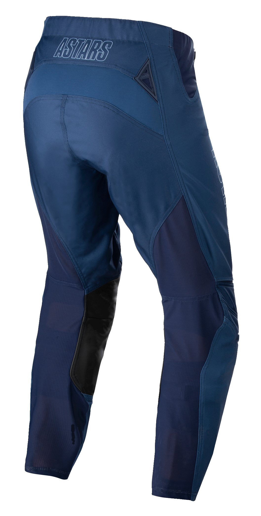 Alpinestars Techstar Phantom Hose, Motocross-Hose, Dunkelblau, Rückansicht mit atmungsaktiven Mesh-Einsätzen und schwarzen Leder-Einsätzen an der Beininnenseite, ASTARS-Logo am Bund, entwickelt für Offroad-Performance