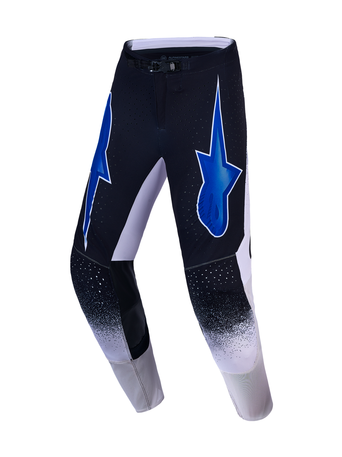 Alpinestars Supertech Hiten AFD broek, heren motorcrossbroek in zwart en blauw met wit, atletische stretch en sterlogo's voor professioneel off-road racen.